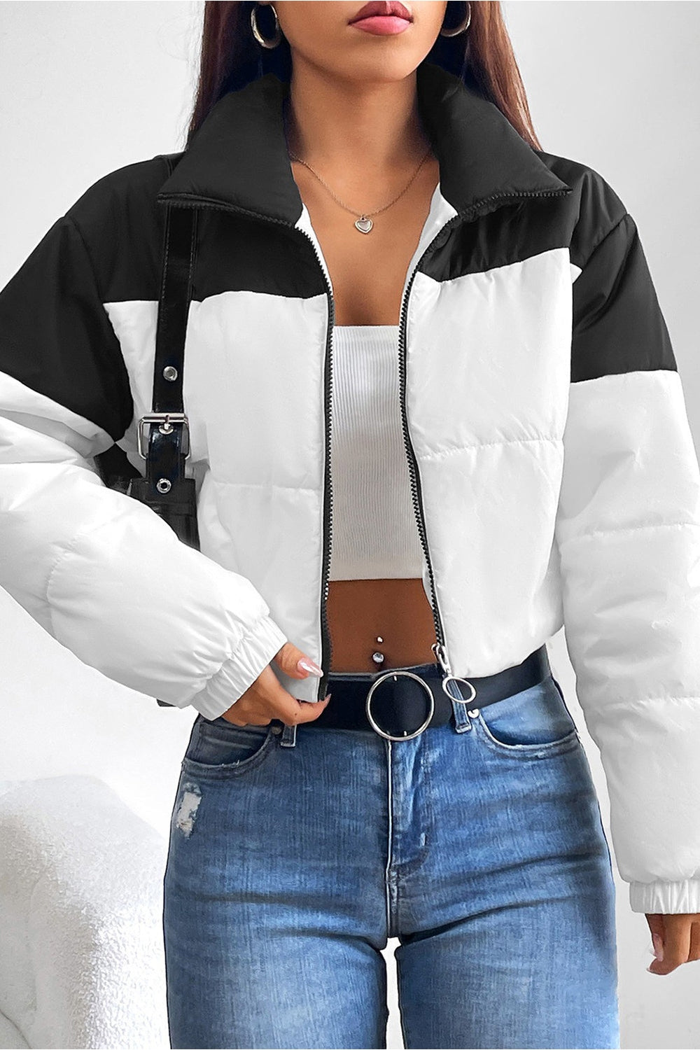 Collared Neck Color Block Puffer Jacket