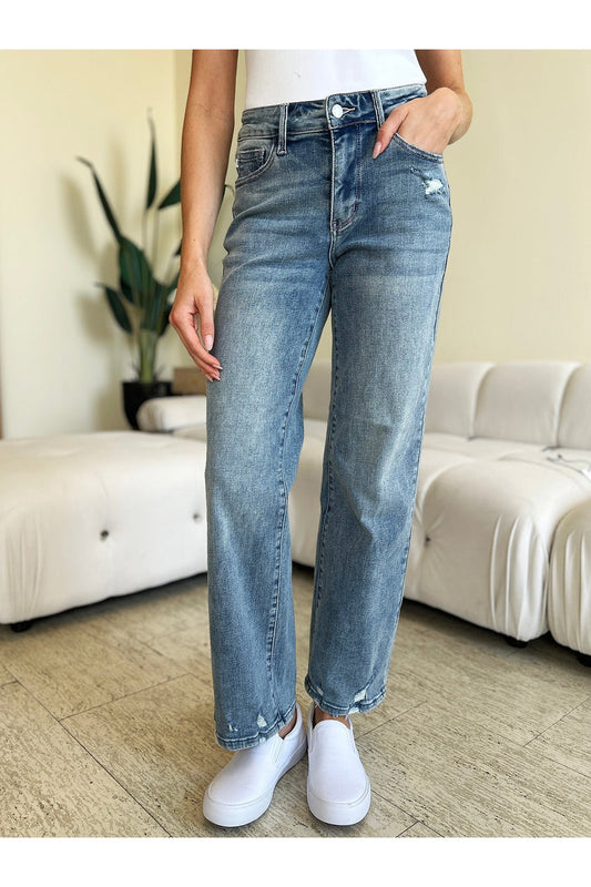 Judy Blue Full Size Mid Rise Distressed Straight Jeans