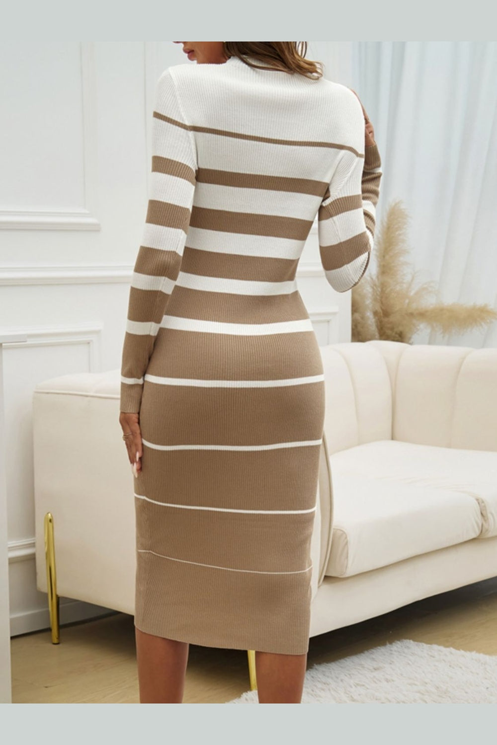 Devine Color Block Round Neck Long Sleeve Midi Dress