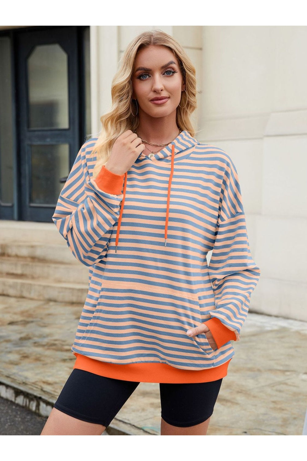 Drawstring Contrast Striped Long Sleeve Hoodie