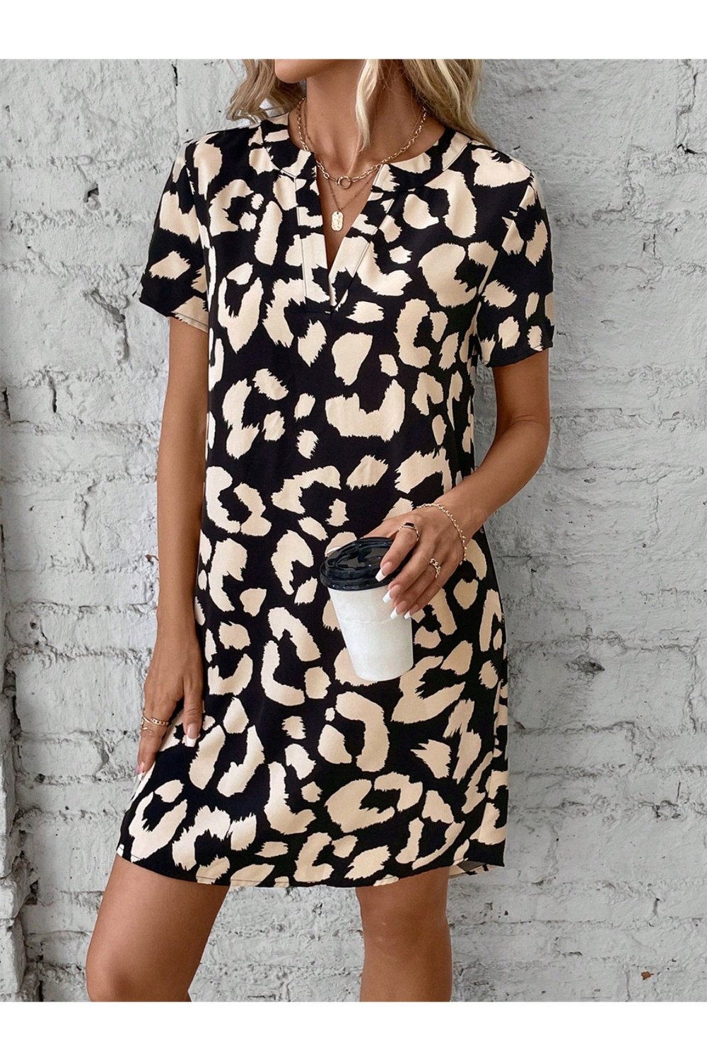 Printed Notched Short Sleeve Mini Dress