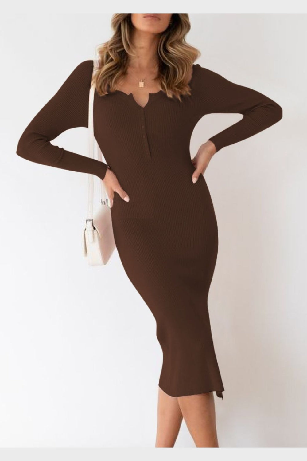 Slit Notched Long Sleeve Midi Dress