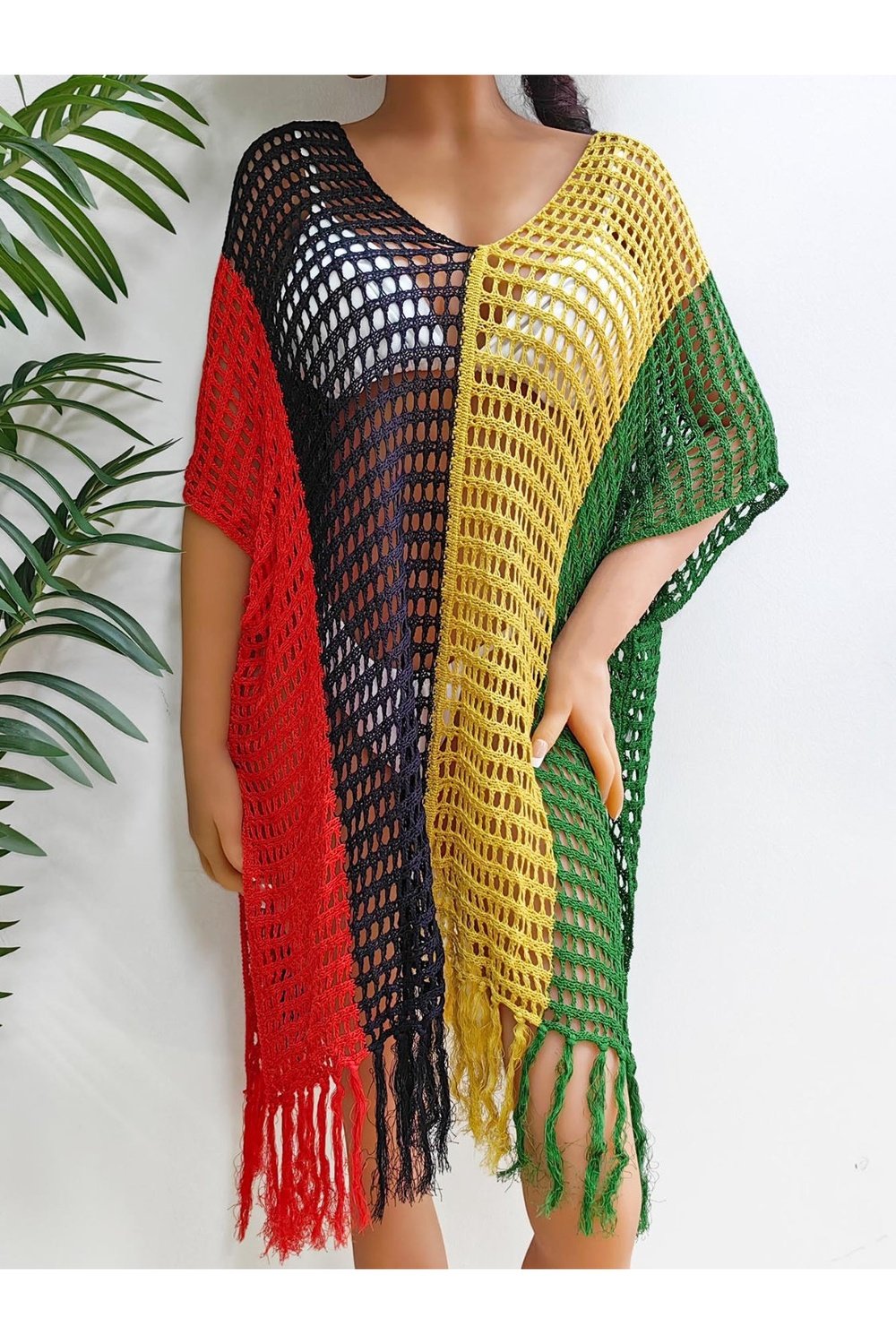 Fringe Color Block Scoop Neck Cover Up