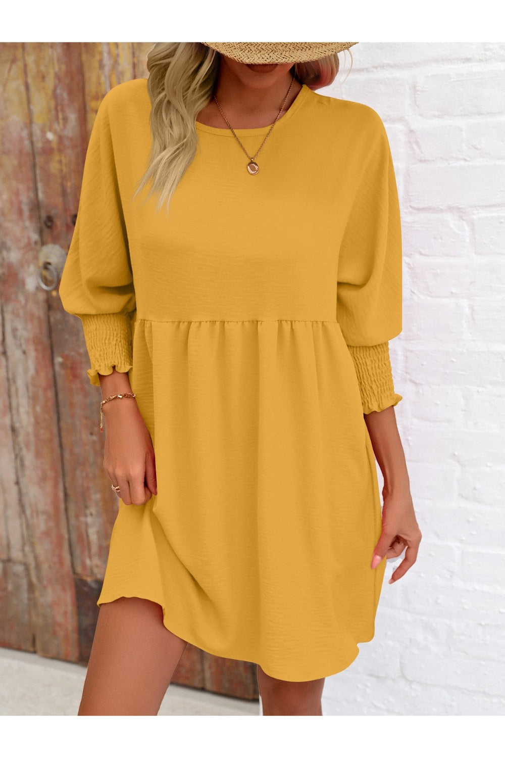 Round Neck Lantern Sleeve Mini Dress