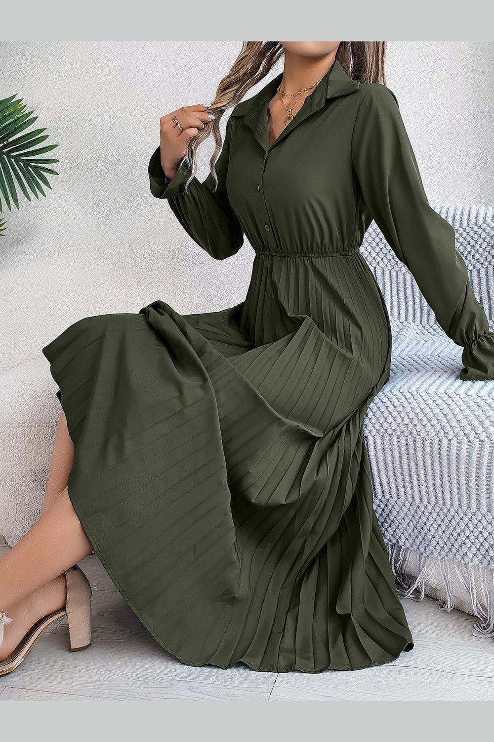 Pleated Half Button Long Sleeve Midi Dress