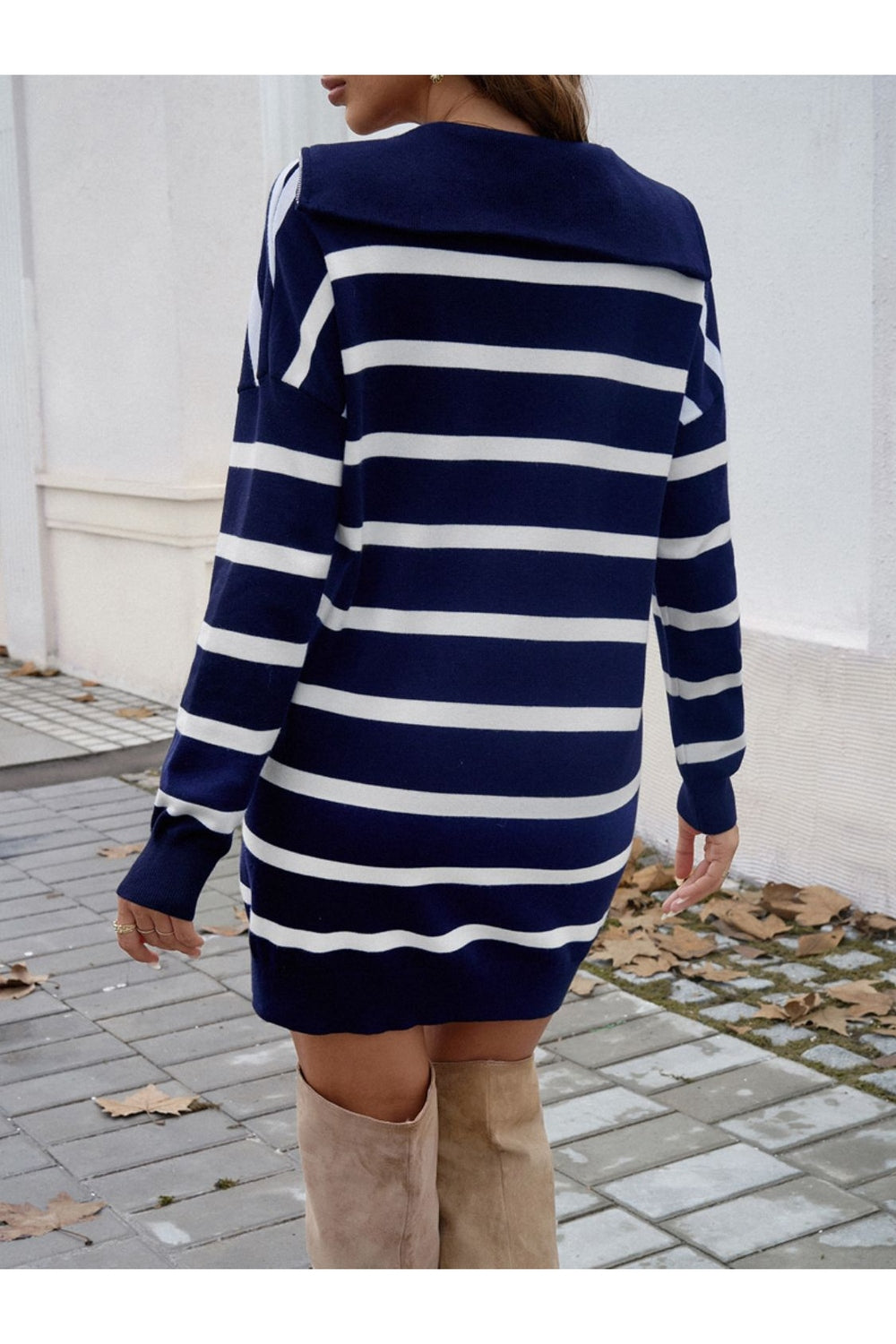 Devine Quarter Zip Striped Long Sleeve Sweater Dress