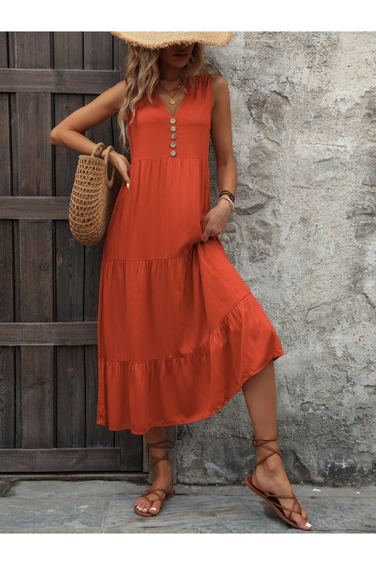 Decorative Button Notched Sleeveless Dress