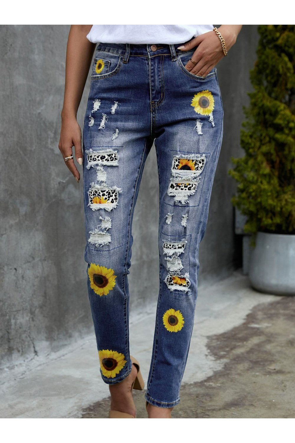 Leopard Patchwork Sunflower Print Distressed High Waist Jeans