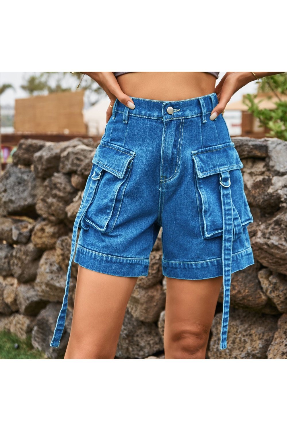 High Waist Denim Cargo Shorts