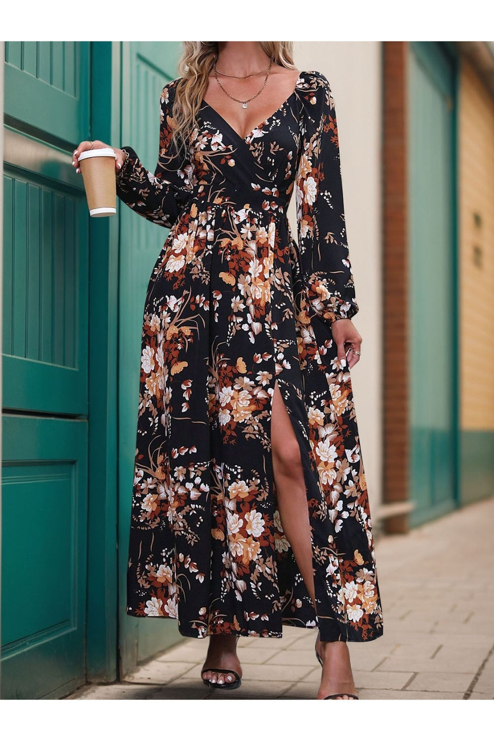 Perfee Slit Printed Surplice Long Sleeve Maxi Dress