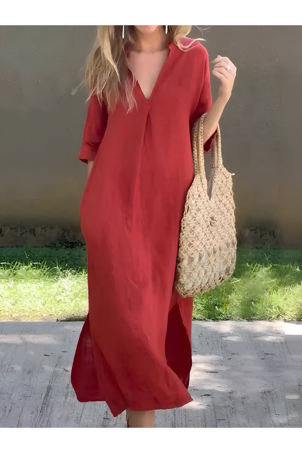 Full Size Notched Half Sleeve Midi Dress