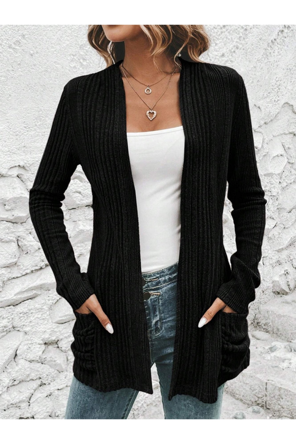 Pocketed Open Front Long Sleeve Cardigan