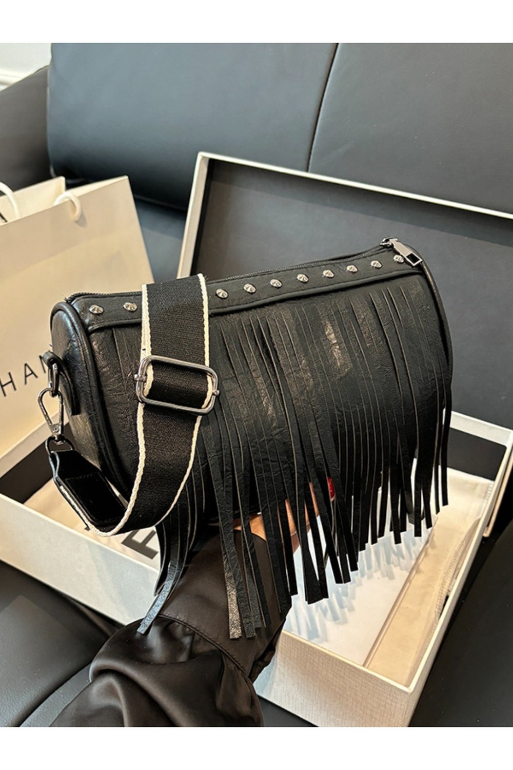 PU Leather Fringe Studded Crossbody Bag