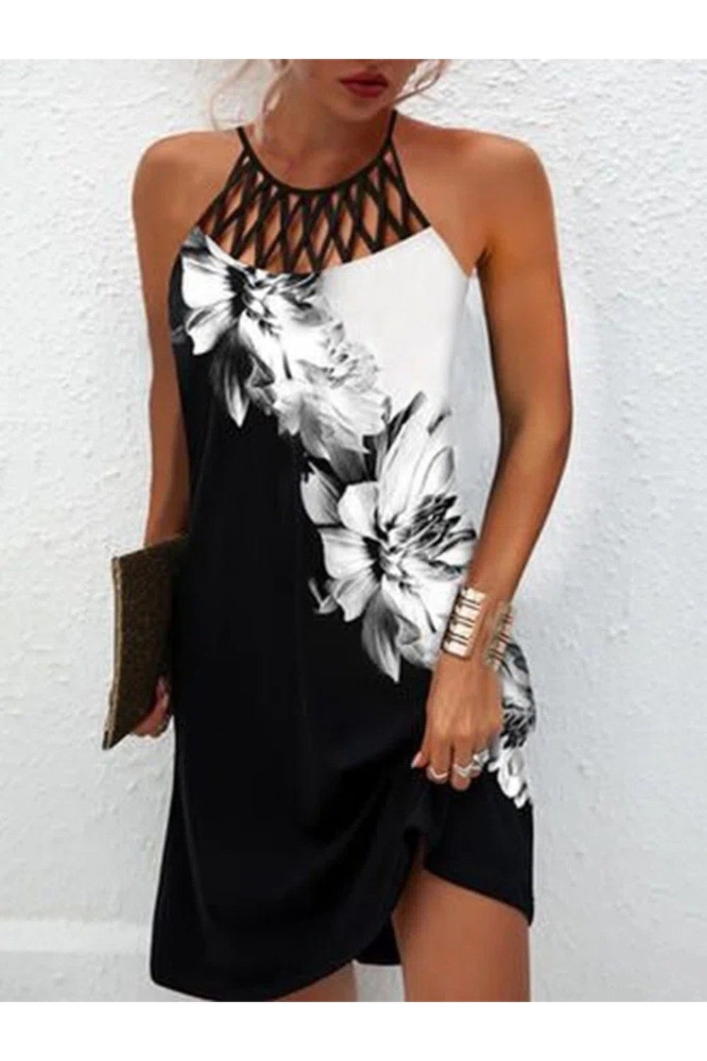 Printed Grecian Neck Mini Dress