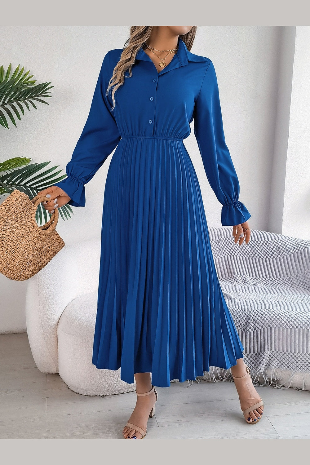 Pleated Half Button Long Sleeve Midi Dress