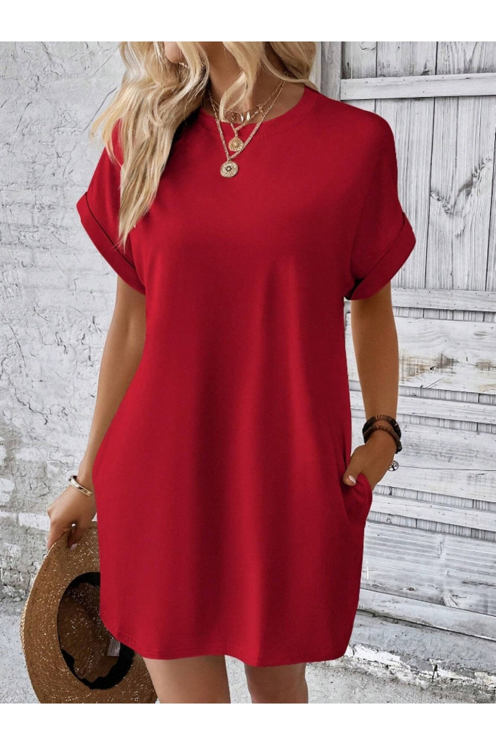 Pocketed Round Neck Short Sleeve Dress