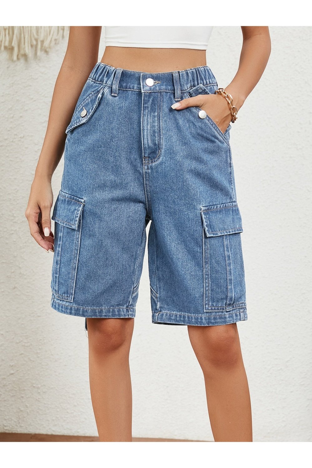 High Waist Denim Shorts with Pockets