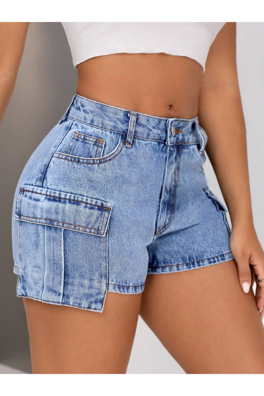 Mid-Rise Waist Denim Shorts with Pockets