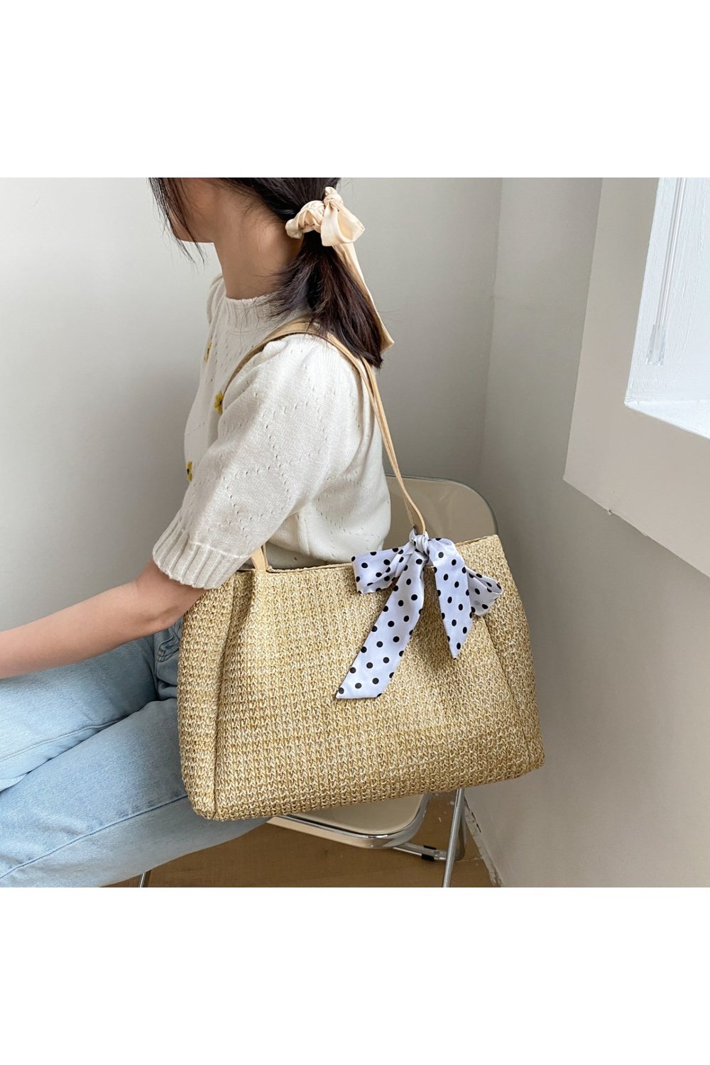 Straw Woven Leather Strap Handbag