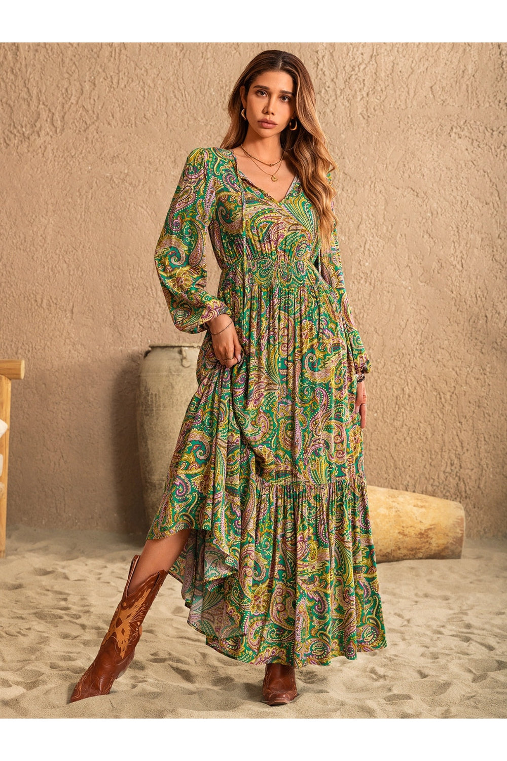 Printed Tie Neck Long Sleeve Dress