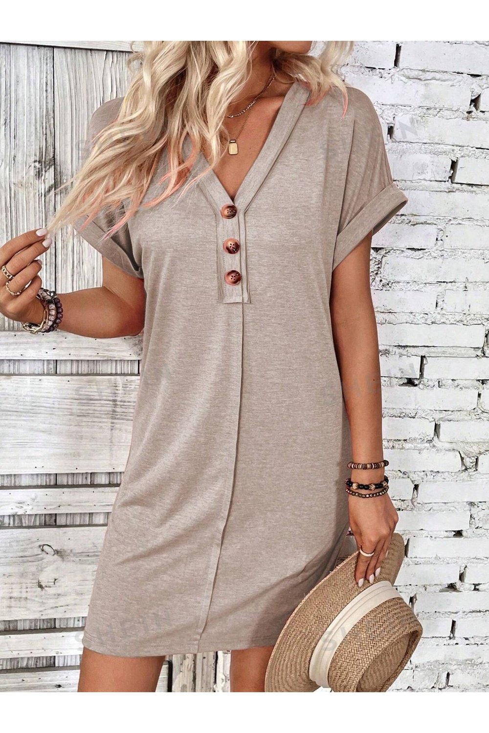 Quarter Button V-Neck Short Sleeve Dress