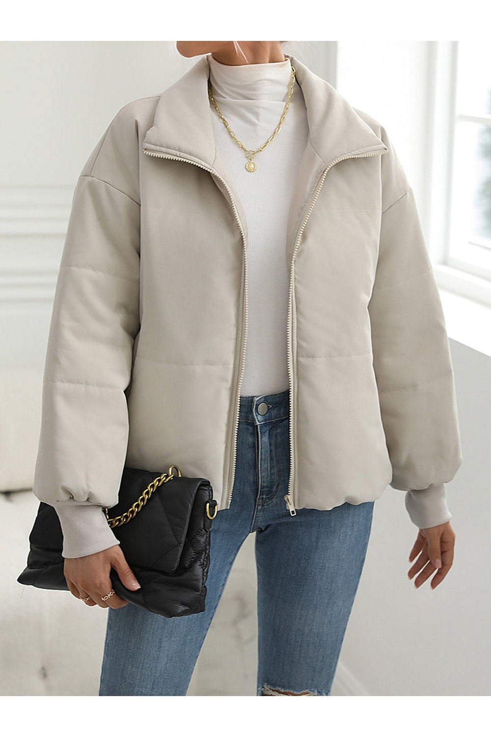 Zip-Up Drop Shoulder Puffer Jacket