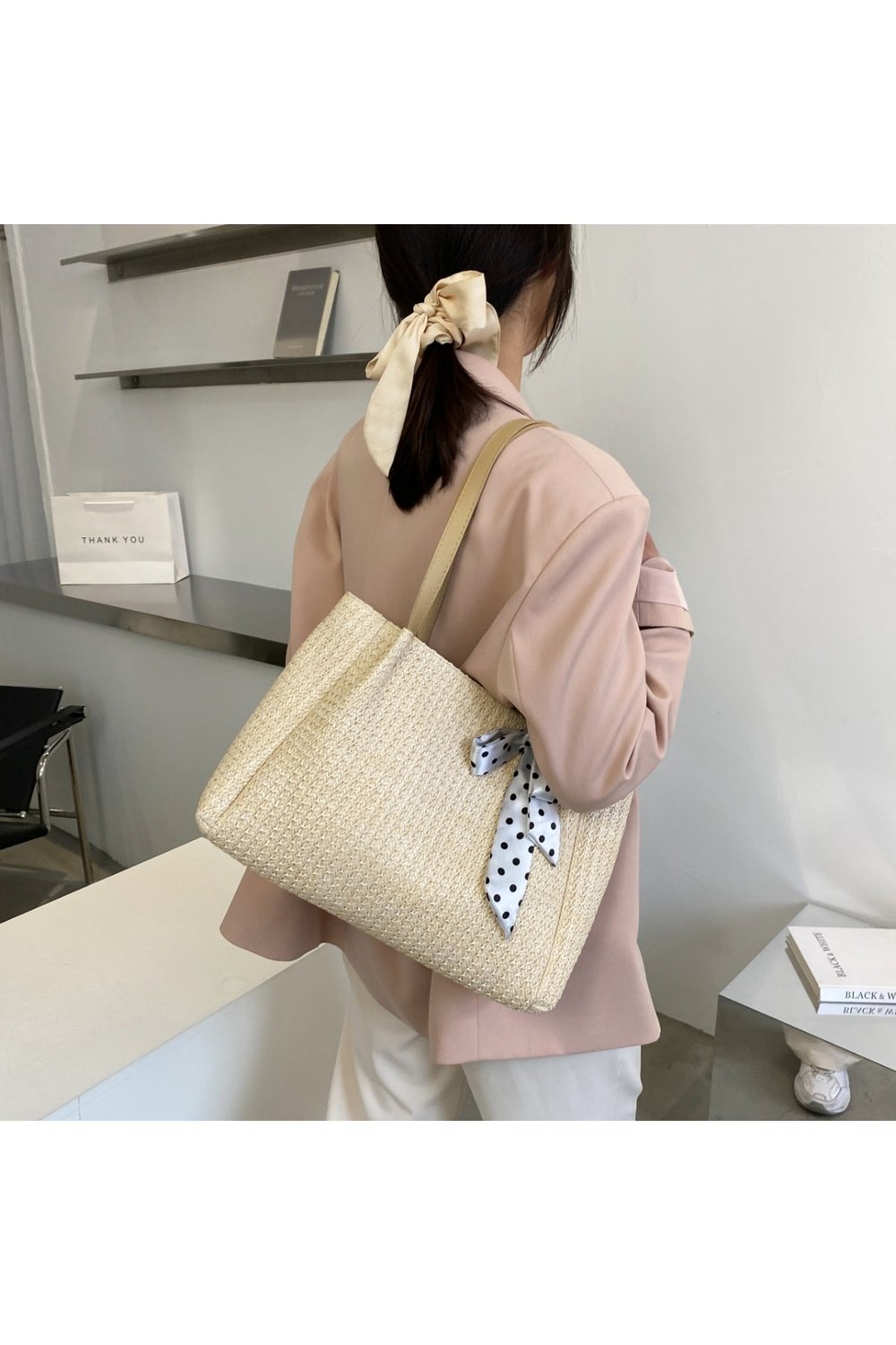 Straw Woven Leather Strap Handbag