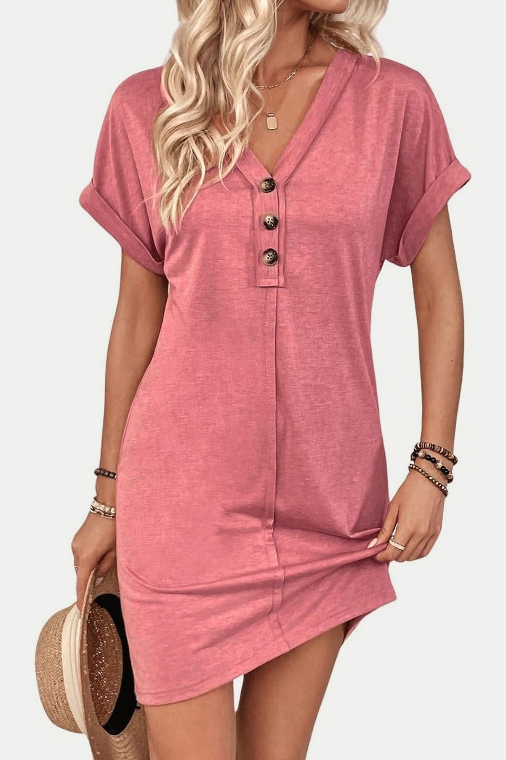 Quarter Button V-Neck Short Sleeve Dress