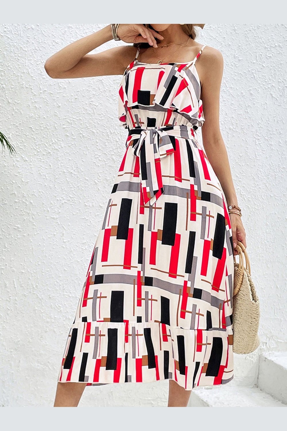 Ruffled Printed Tie Waist Midi Dress