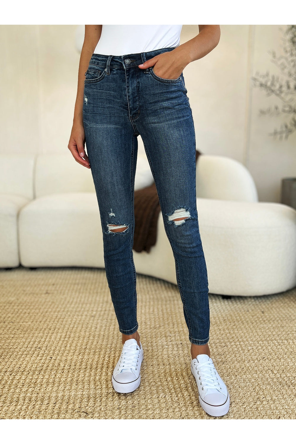 Judy Blue Full Size Mid Waist Distressed Slim Jeans