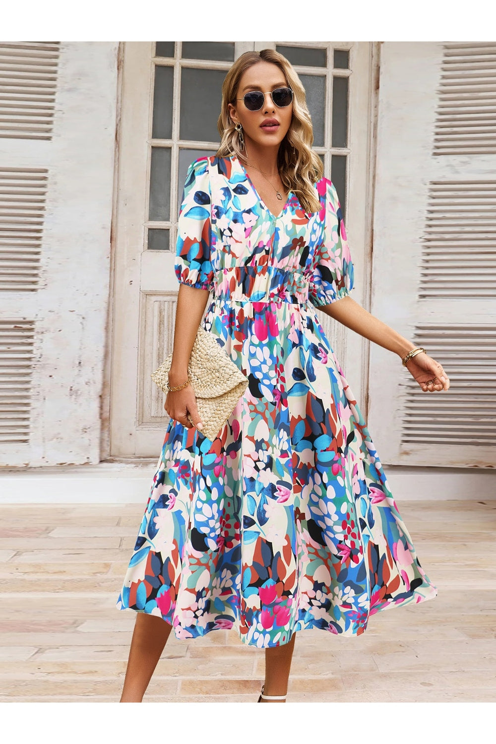 Ruched Printed Surplice Short Sleeve Dress