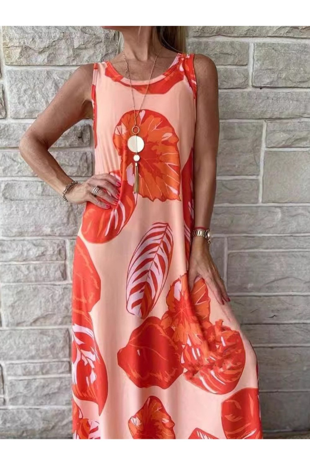 Printed Round Neck Midi Tank Dress