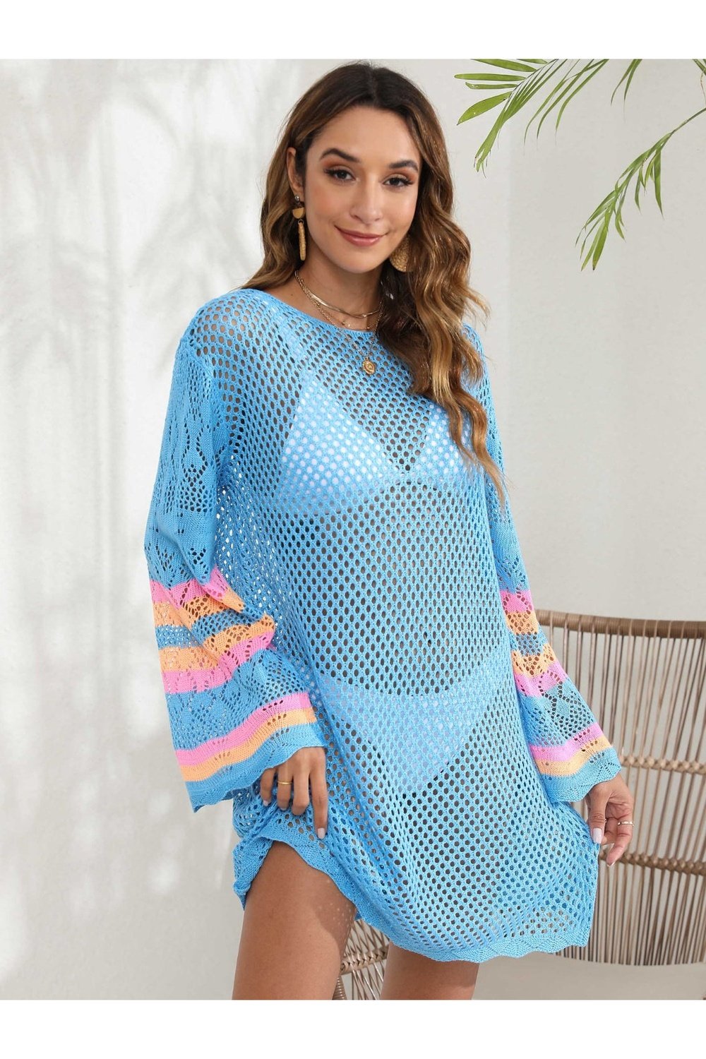 Openwork Contrast Long Sleeve Cover-Up