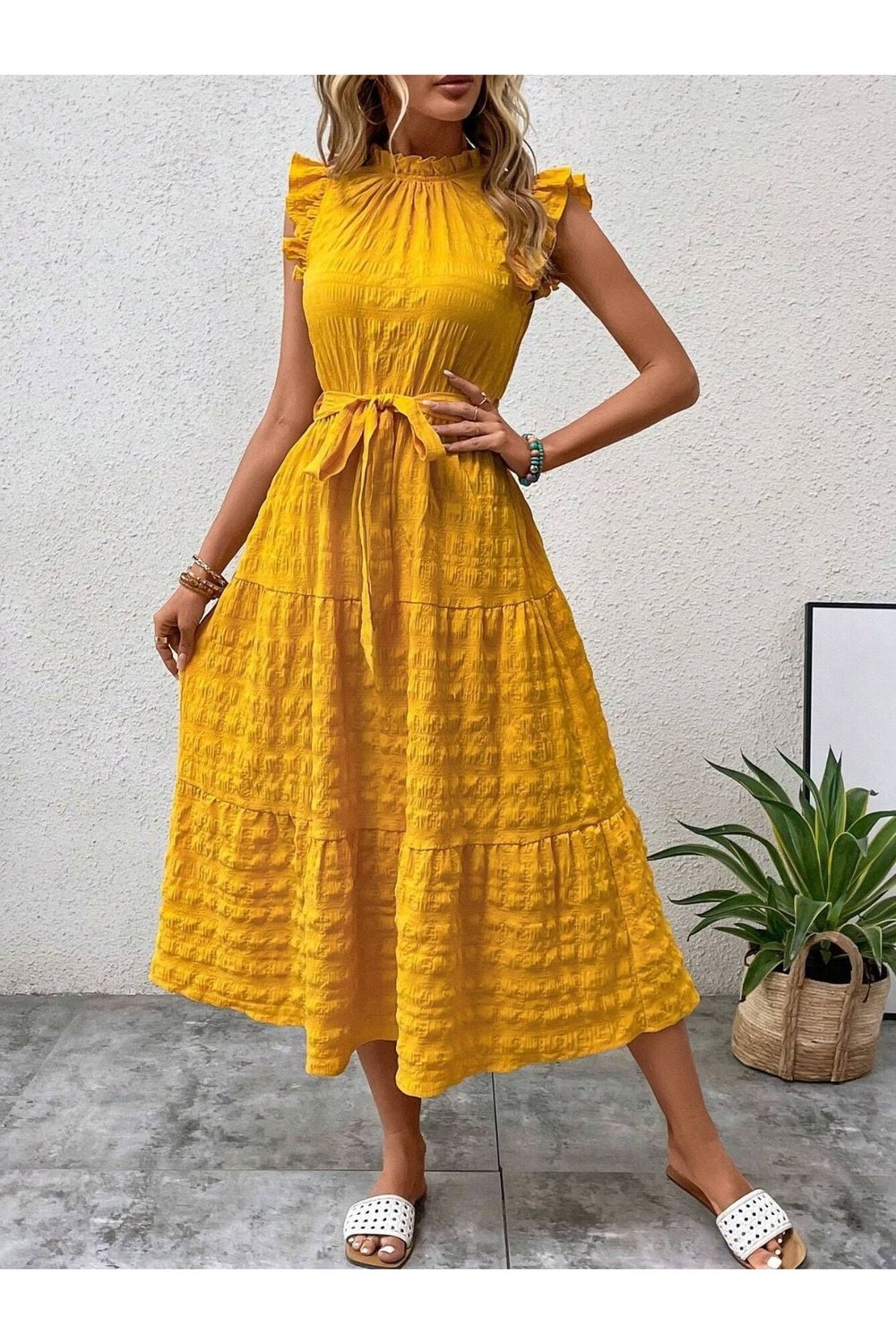 Tied Ruffled Cap Sleeve Midi Dress