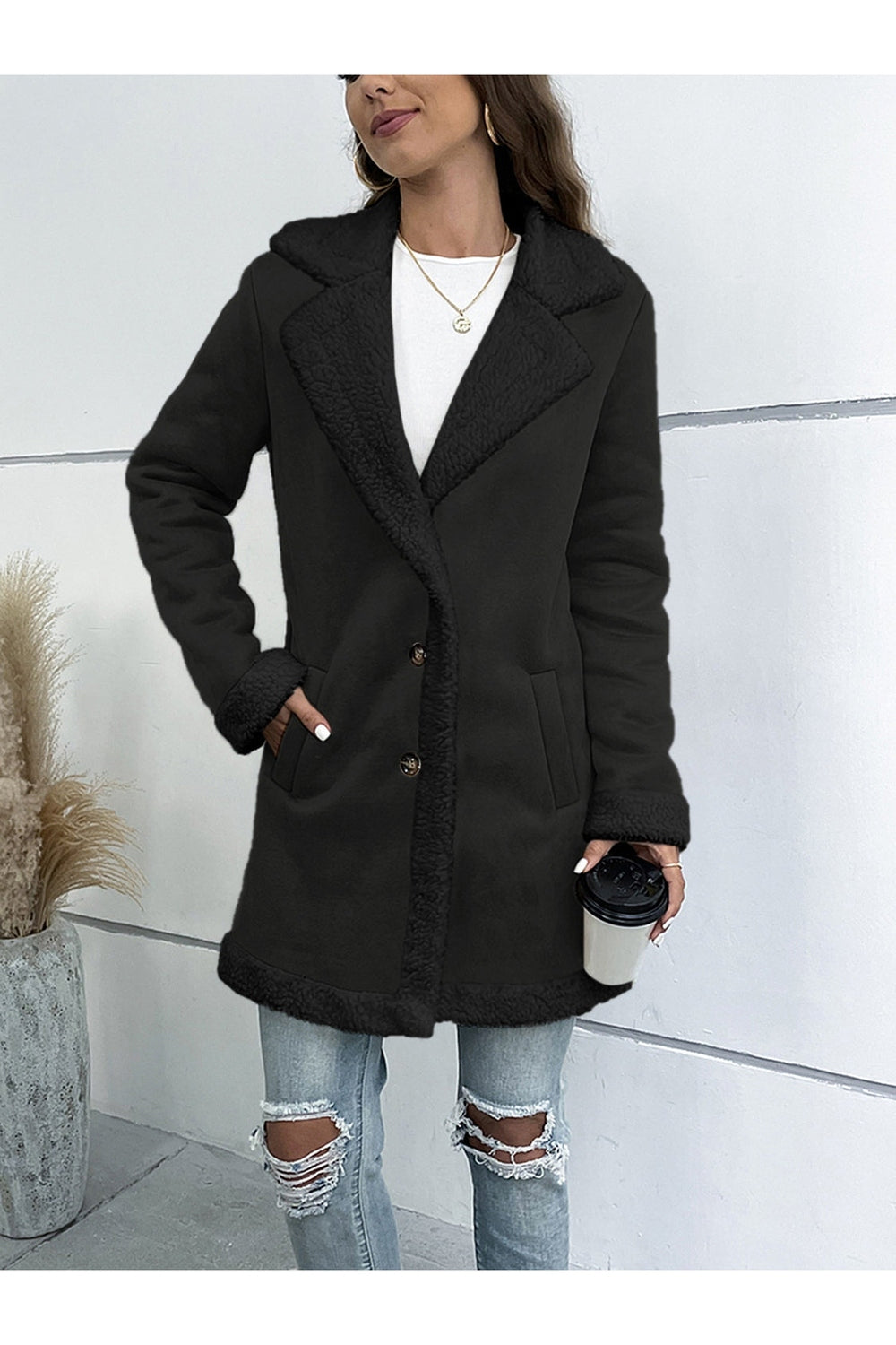 Contrast Button Up Lapel Collar Long Sleeve Coat