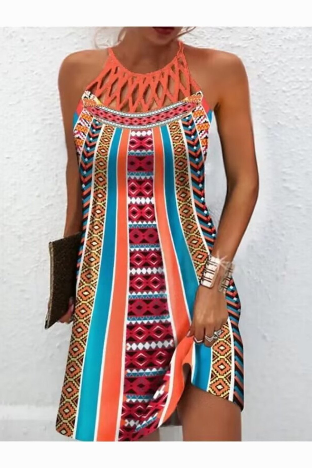 Printed Grecian Neck Mini Dress