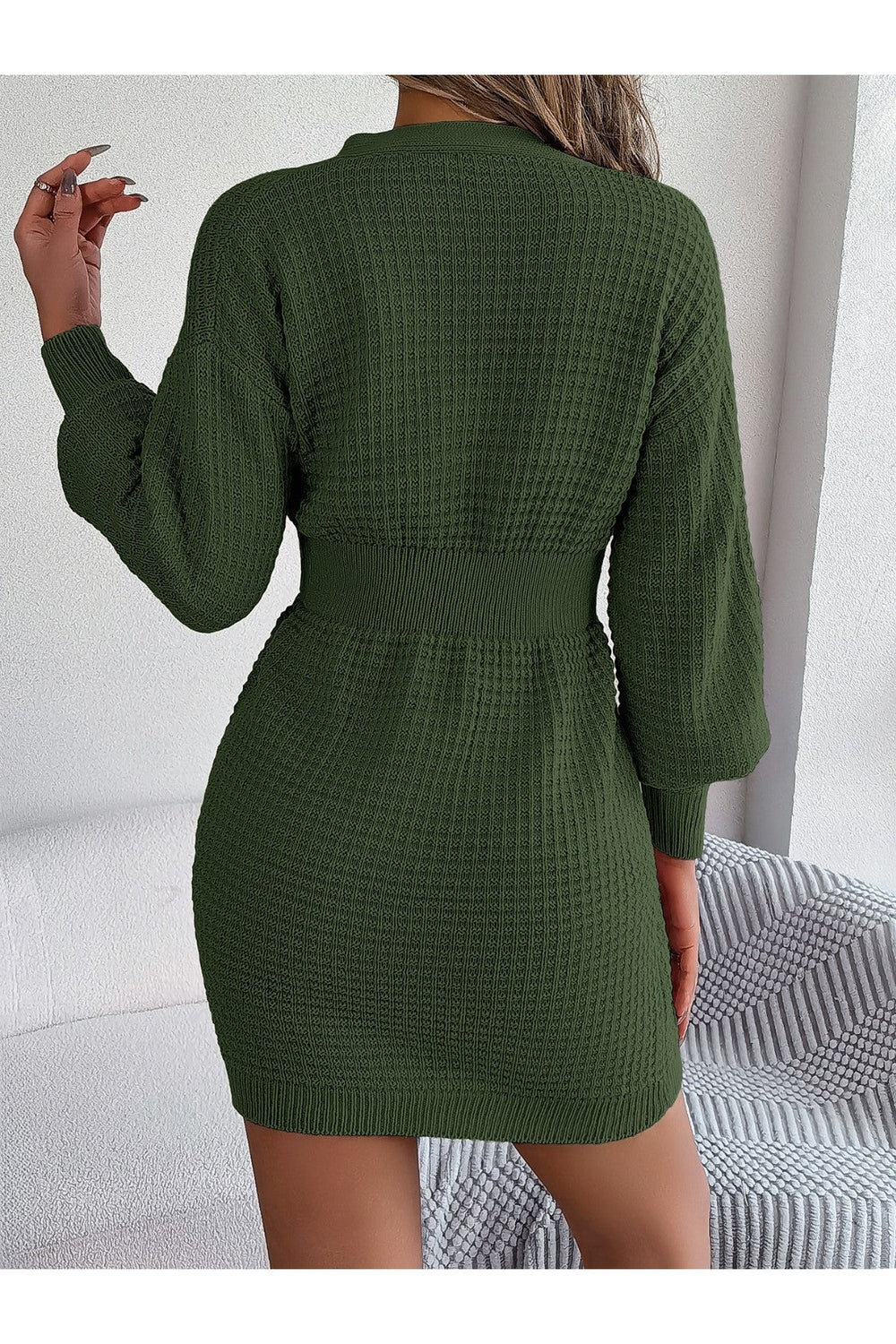 Buttoned Cable-Knit V-Neck Sweater Dress