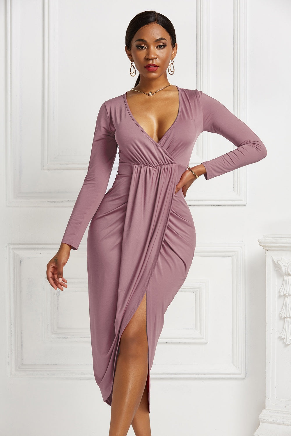 High-low Ruched Surplice Long Sleeve Dress