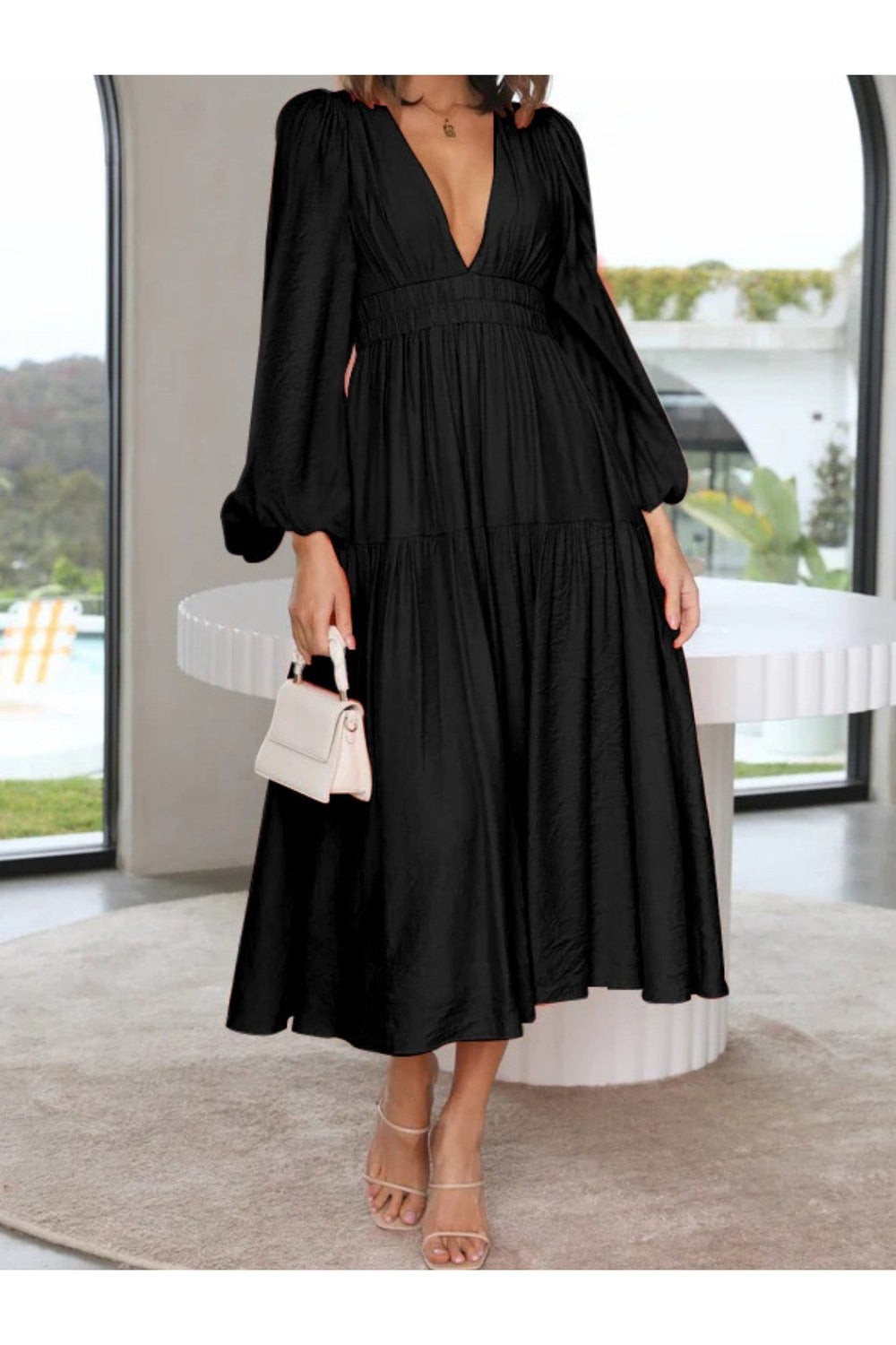 Deep V-Neck Balloon Sleeve Plain Maxi Dress