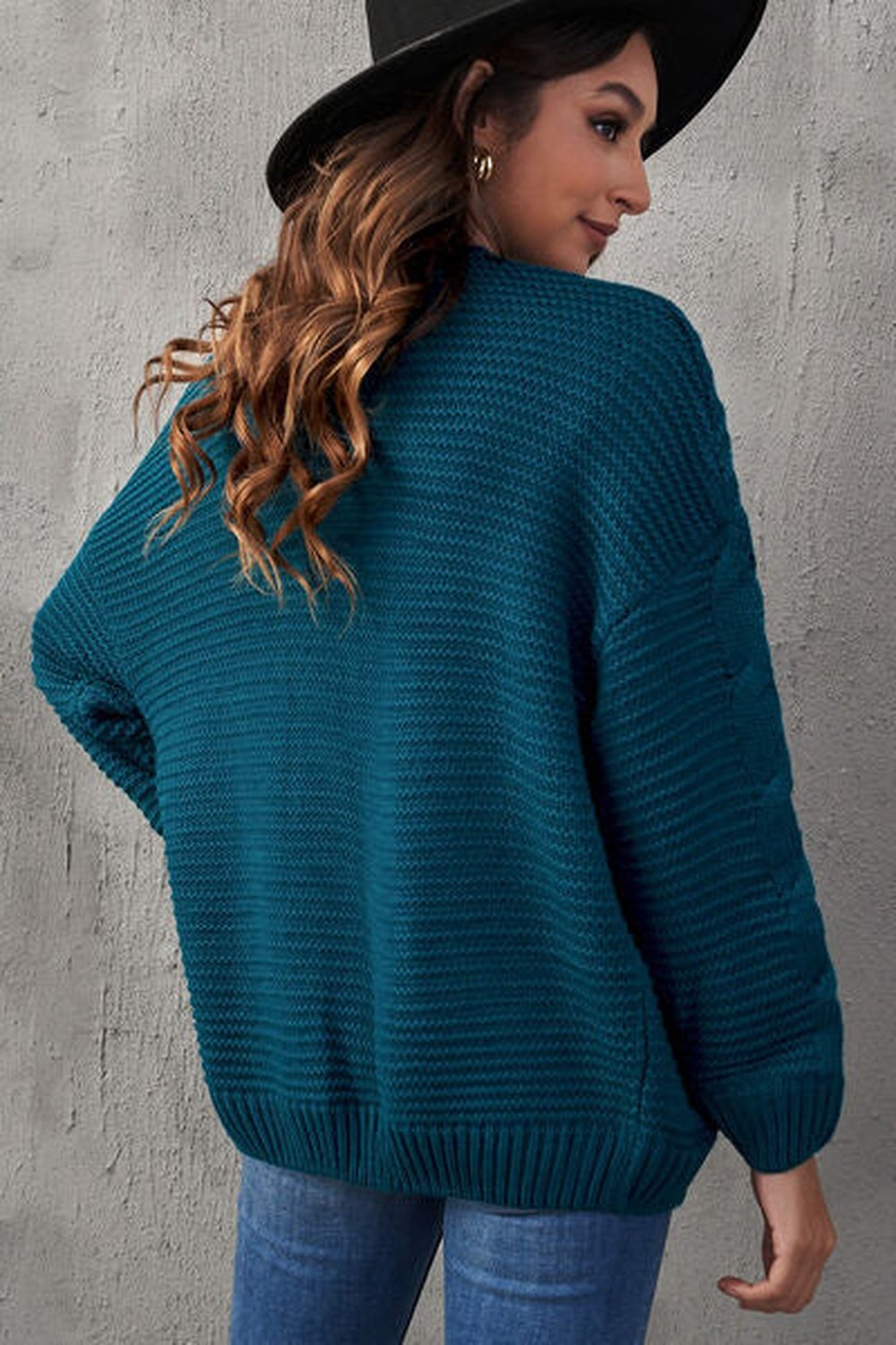 Waffle-Knit Open Front Dropped Shoulder Sweater