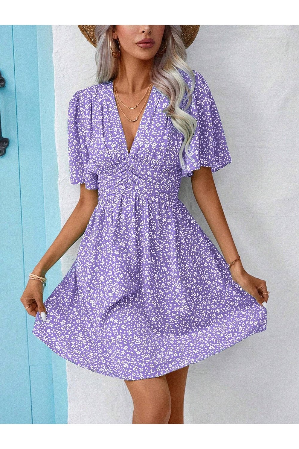 Printed V-Neck Half Sleeve Mini Dress