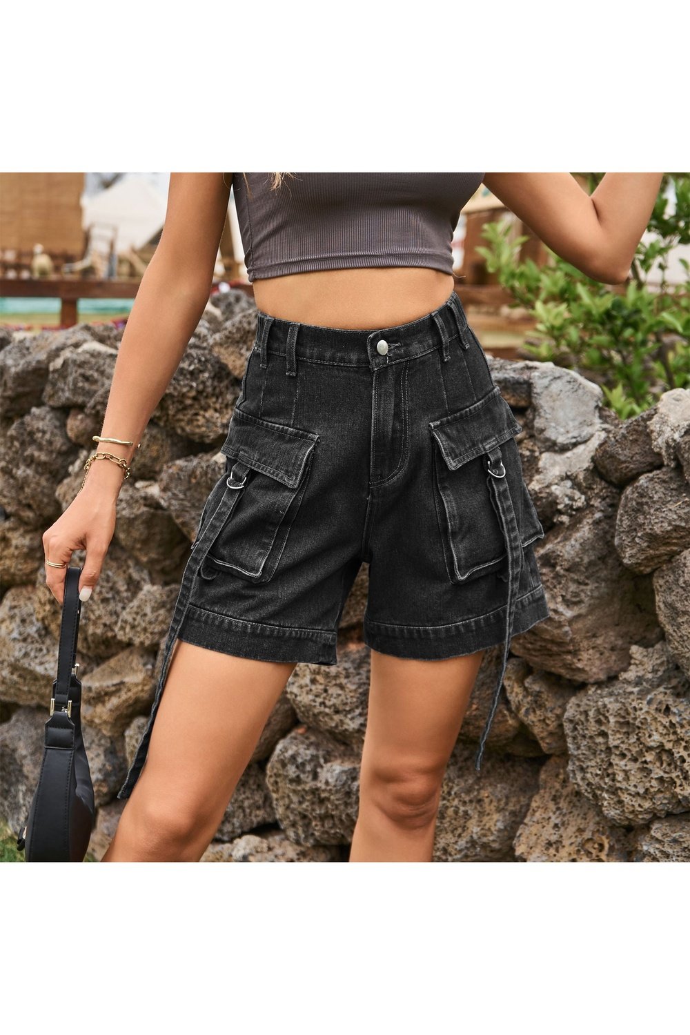 High Waist Denim Cargo Shorts