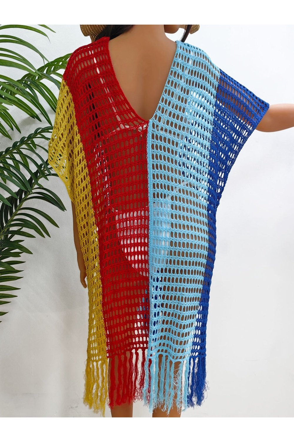 Fringe Color Block Scoop Neck Cover Up