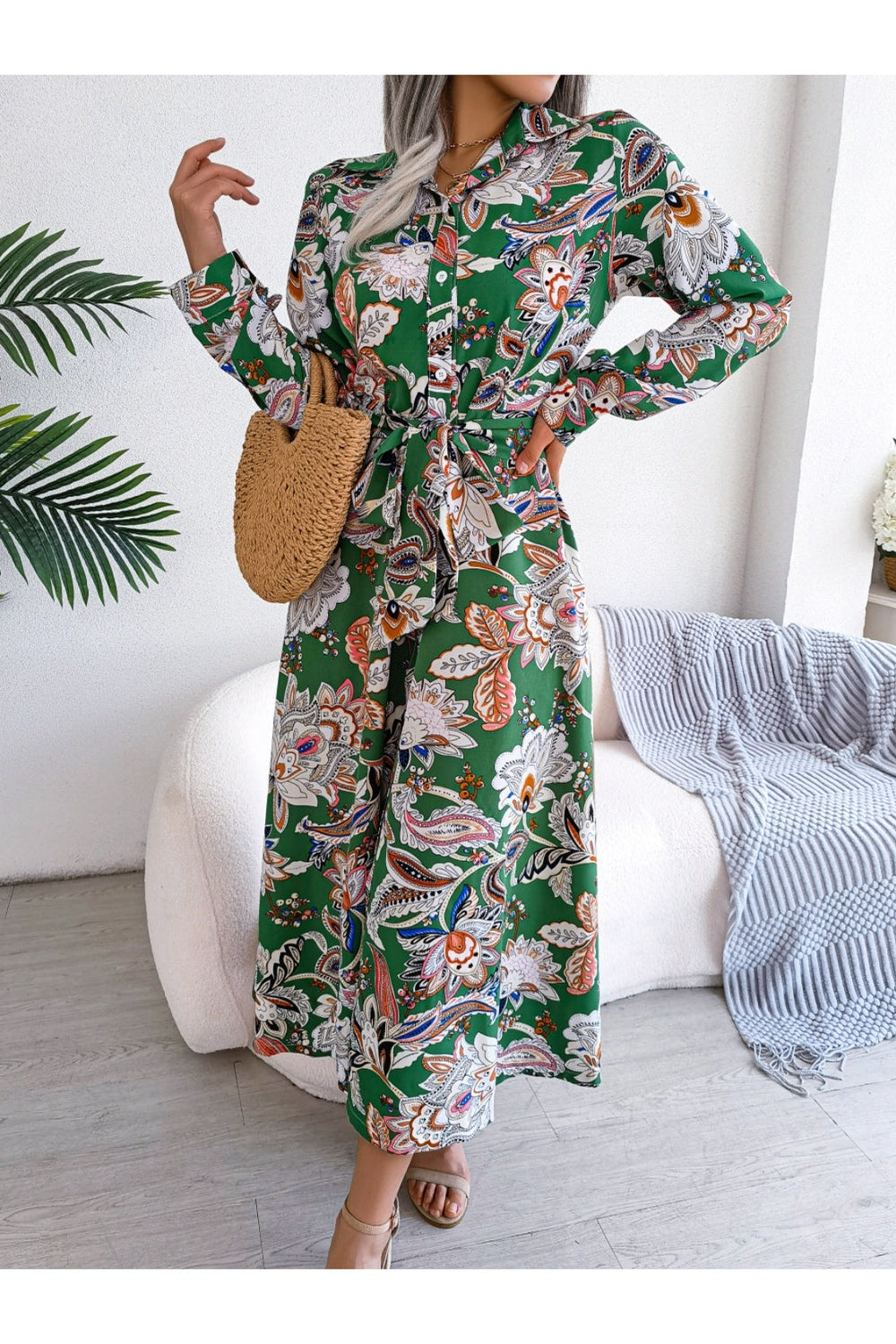 Tied Printed Long Sleeve Midi Dress