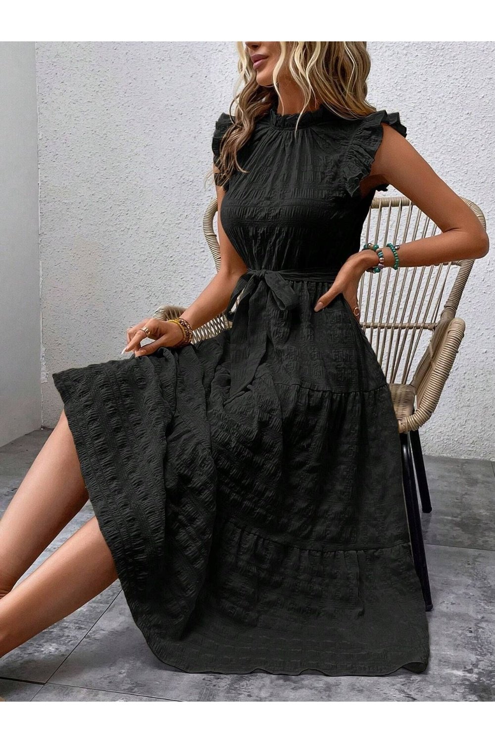 Tied Ruffled Cap Sleeve Midi Dress