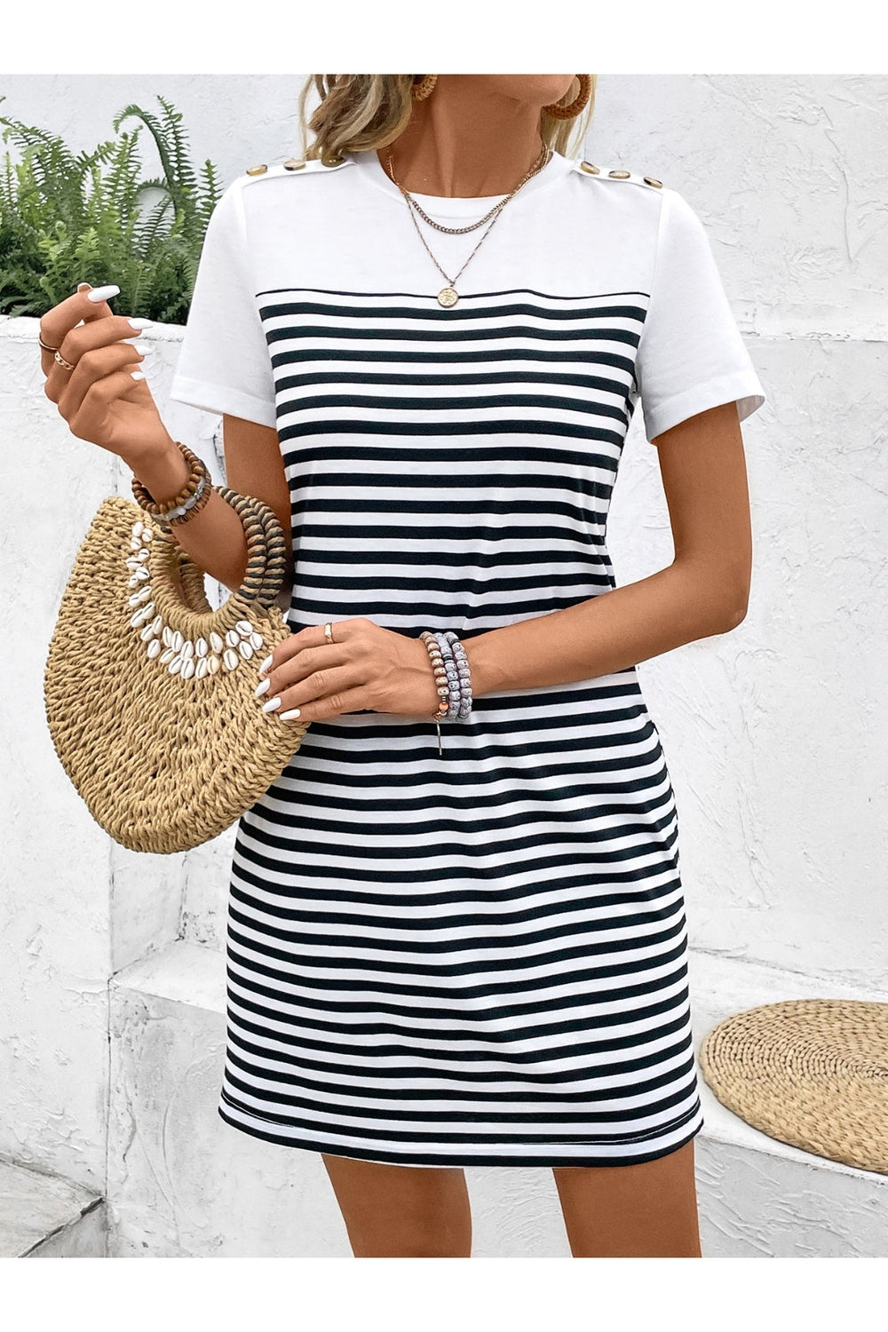 Striped Round Neck Short Sleeve Mini Tee Dress