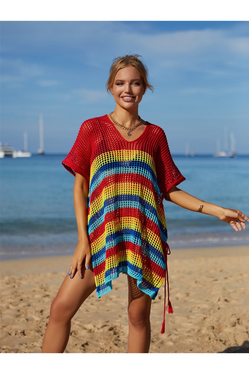 Cutout Striped Cover-Up with Tassel