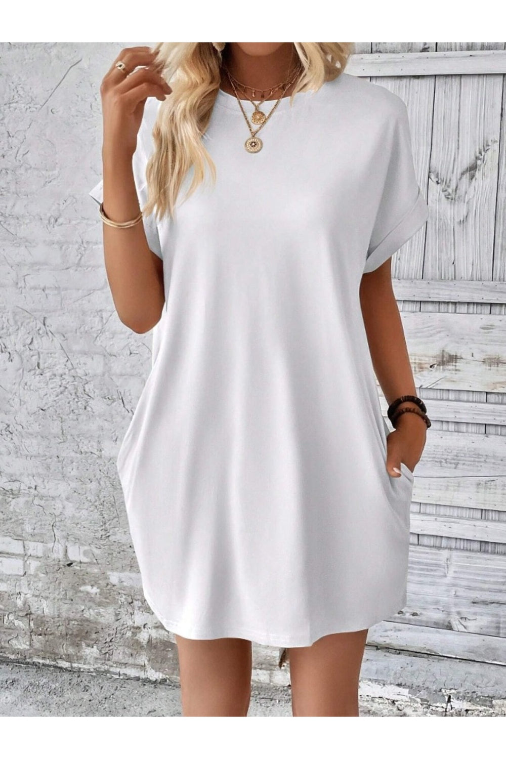 Pocketed Round Neck Short Sleeve Dress