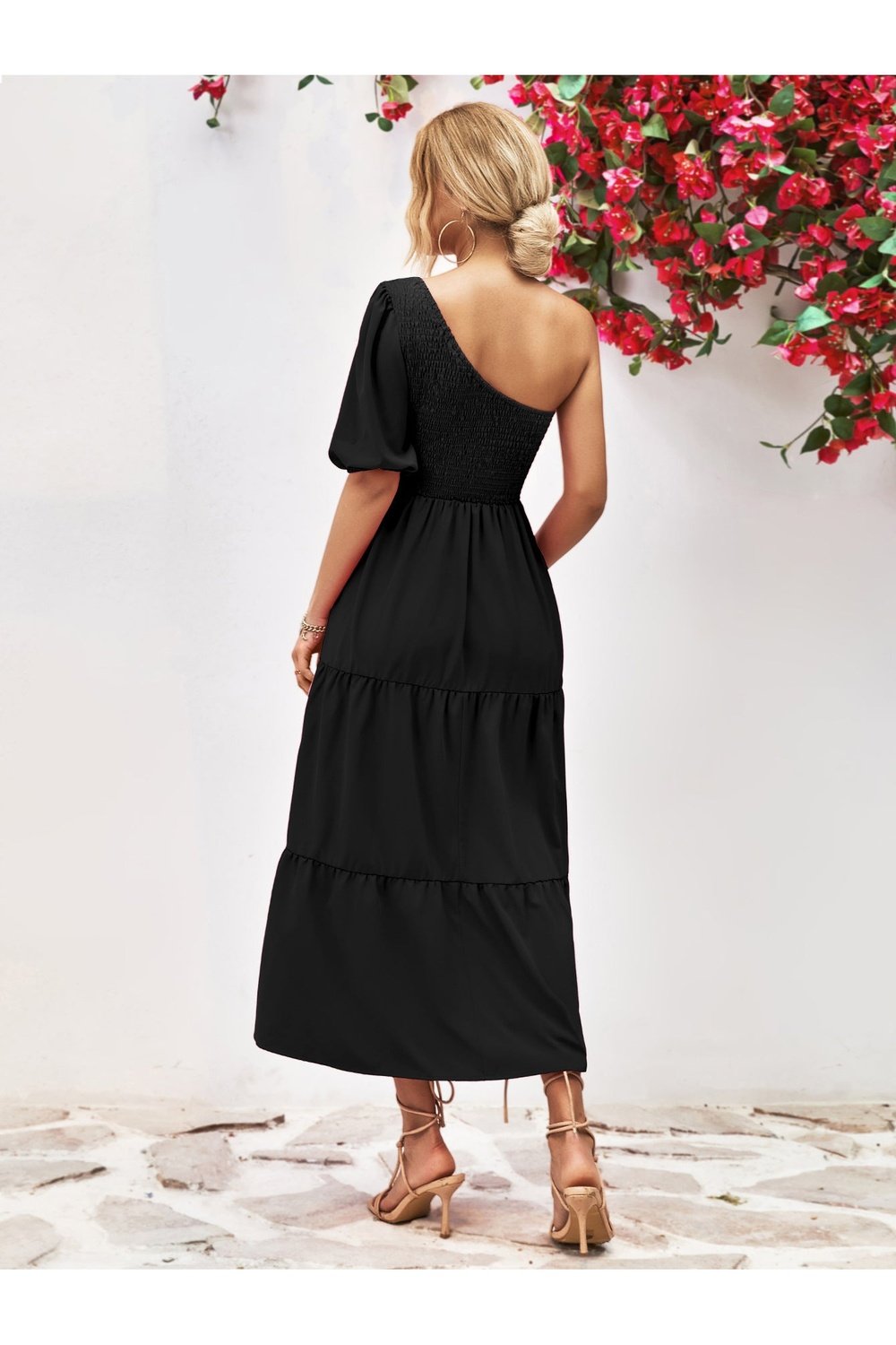 Smocked One-Shoulder Midi Dress