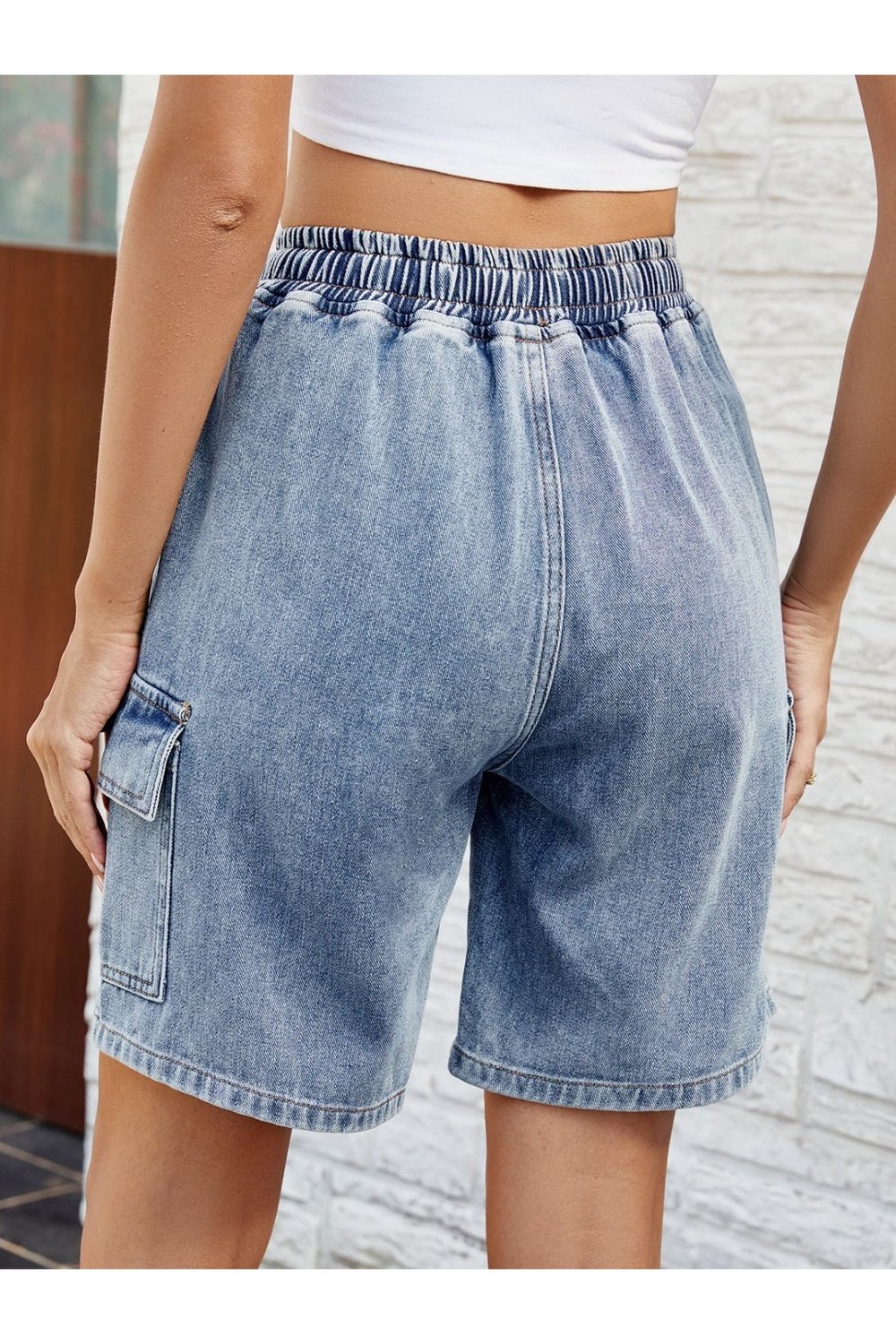 Drawstring Denim Shorts with Pockets